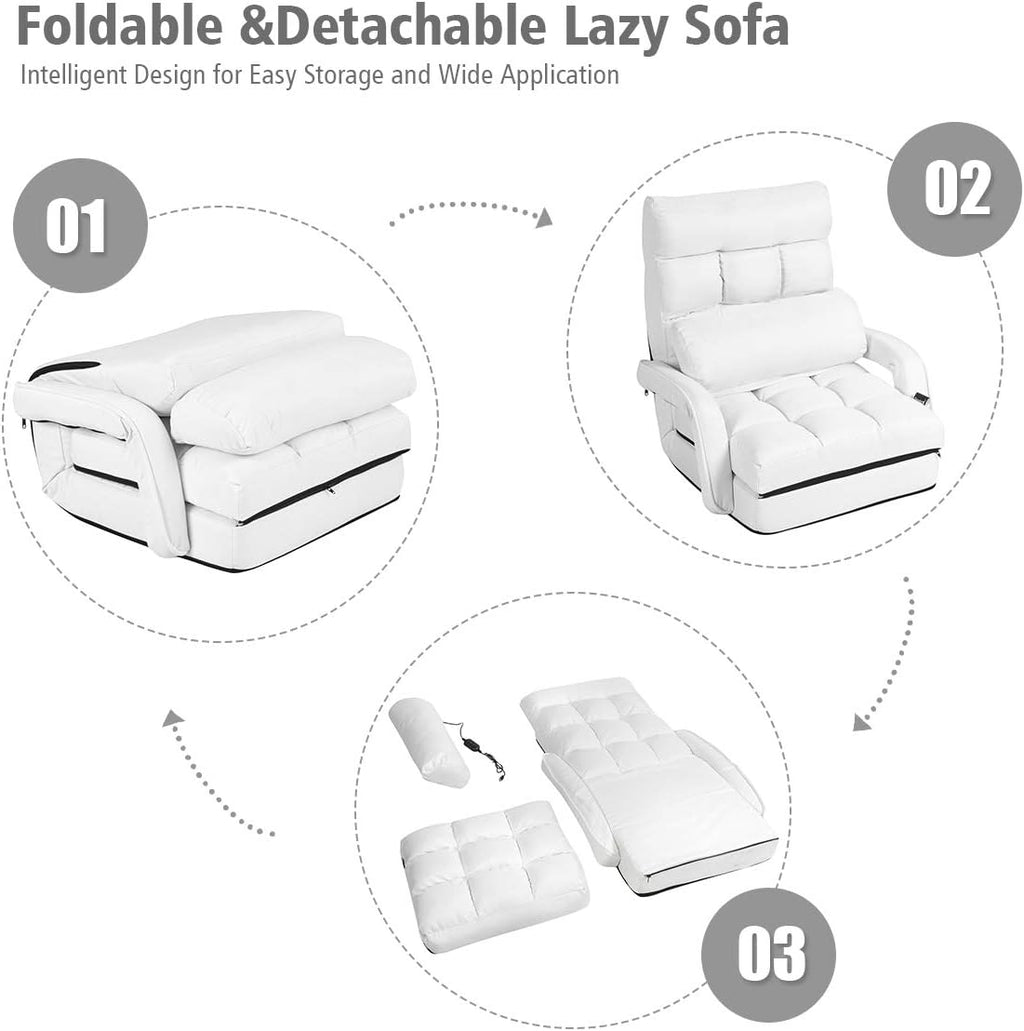 S AFSTAR Indoor Chaise Lounge Sofa, Folding Lazy Sofa Floor Chair with 6-Position Adjustable Backrest Lumbar Pillow, Folding Padded Lounger Bed with Armrests, Assembly-Free (White)