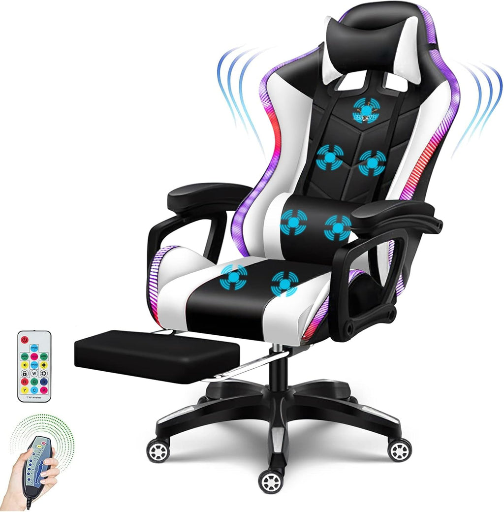 Ergonomic LED Gaming Chair with Speakers PU Leather Computer Chair for Teens Adults High Back Massage Office Desk Chair with Footrest Headrest Lumbar Support Recliner Video Game Chair,White