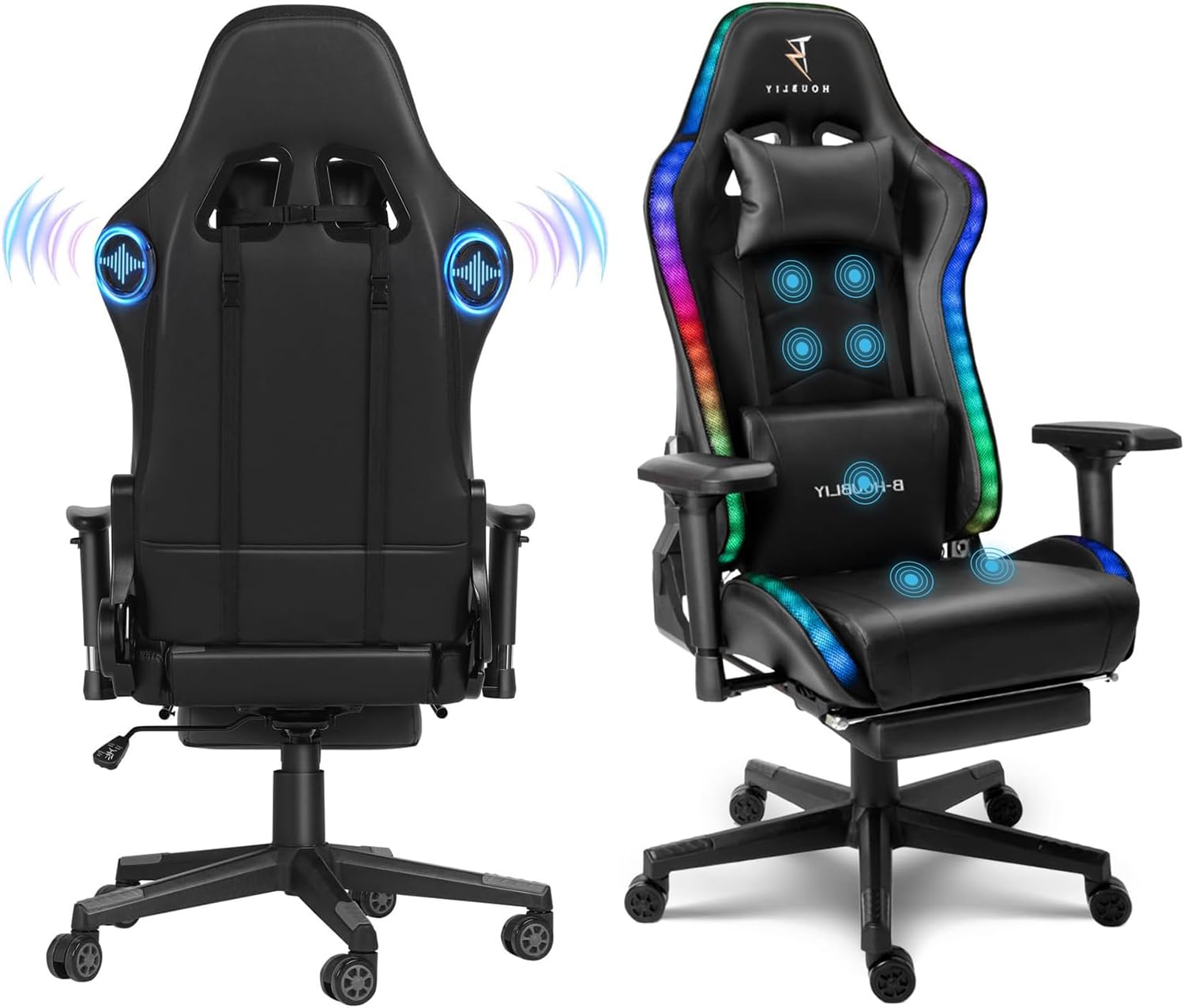 Gaming Chair with RGB LED Lights and Massage, Ergonomic Video Game Chair with Footrest, High Back Reclining Computer Chair with Headrest and Lumbar Support, 4D Handrail,Swivel Seat Gamer Ch