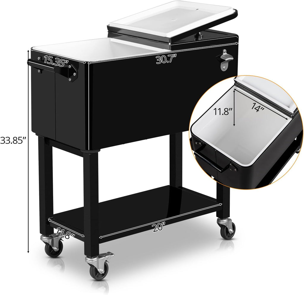 VINGLI 80 Quart Rolling Ice Chest on Wheels, Portable Patio Party Bar Drink Cooler Cart, with Shelf, Beverage Pool with Bottle Opener,Water Pipe