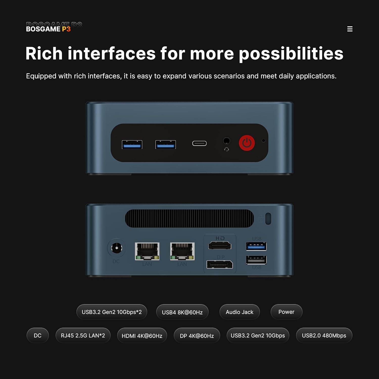 BOSGAME P3 Mini PC AMD Ryzen 7 6800H (up to 4.7GHz), 32GB DDR5 1TB PCIe 4.0 SSD Mini Desktop Computer, Full-Featured USB4, Dual 2.5G LAN, Triple Display, WiFi 6E, Micro Gaming PC