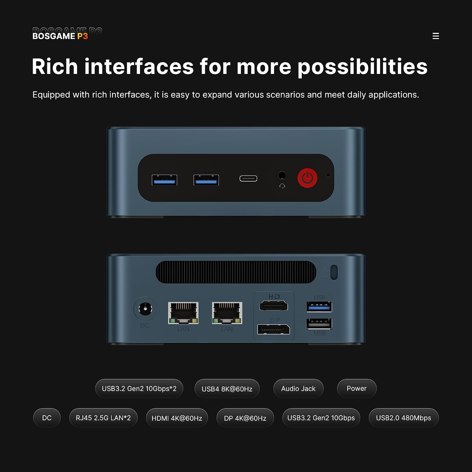 BOSGAME P3 Lite 8K USB4 Mini PC, Ryzen 7 6800H, 32GB DDR5 4800MHz 1TB PCIe4.0 SSD Light Gaming PC, Dual 2.5G LAN, WiFi 6E, BT 5.2, Triple Display, Home Office Business Use