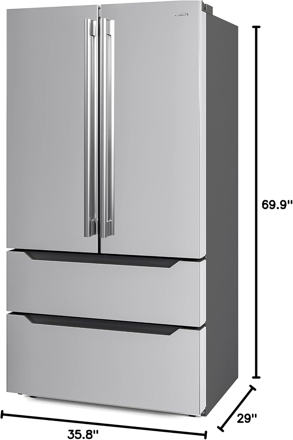 KoolMore Counter Depth French Door Refrigerator with Ice Maker, 4 Door Stainless-Steel Fridge - 22.5 Cu.Ft