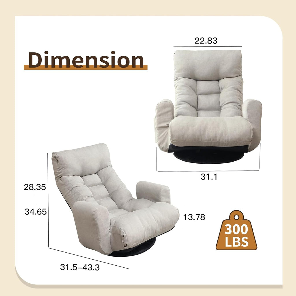 Swivel Lazy Floor Chair, Adjustable Reclining Floor Lounger with Head & Back Support, Comfy Tatami Sofa Seat for Adults Bedroom & Gaming