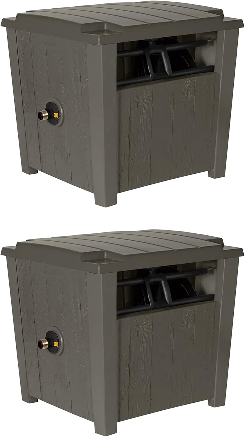 Suncast Farmington Weatherproof Smart-Tube Garden Hose Storage Container, Outdoor Hideaway Garden Hose Storage with Brass Connections, Stoney, 2 pack