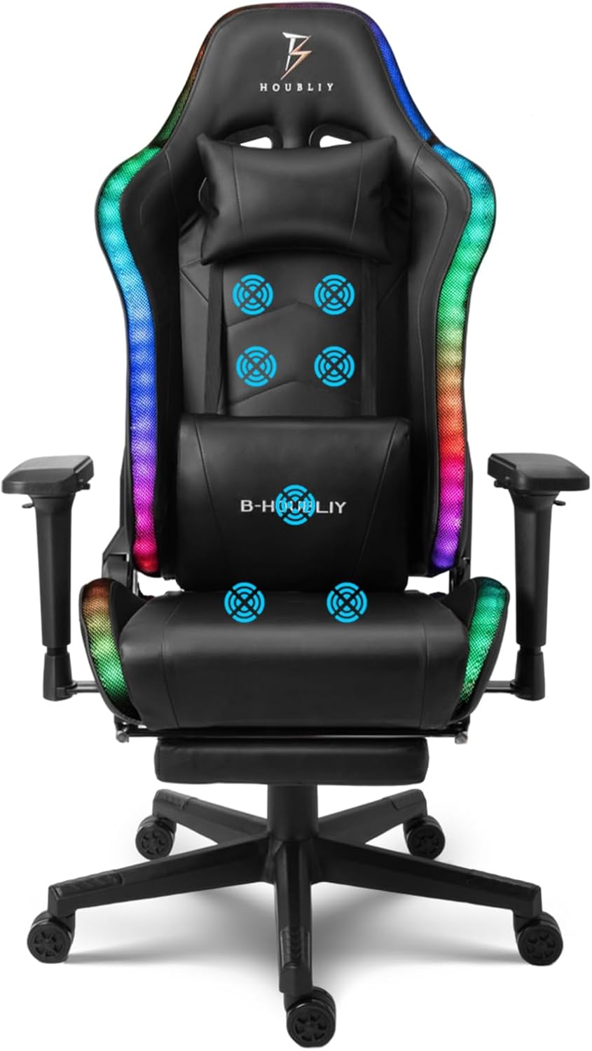 Ergonomic Office Chair with 7-Pointed Vibration Massage and Footrest, Big and Tall PU Leather Gaming Chair with Speakers and RGB Lights, Computer Chair with Lumbar Support Headrest Armrest,Blac