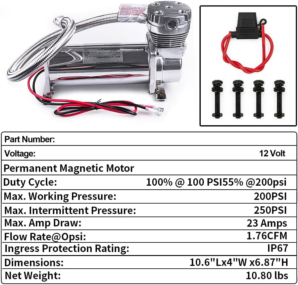 Heavy Duty 200 PSI Air horn Compressor Dual Value Pack, 3/8 NPT Train Horn/Air Ride Compressor, Fittings for 12V Train/Truck/Car,Air Suspension horn Compressor SILVER