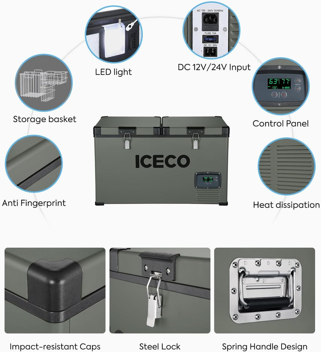 ICECO VL60 Dual Zone 12 Volt Refrigerator with Battery, 60 Liters Portable Fridge Freezer, DC 12/24V, AC 110-240V, 0℉ to 50℉, 12V Electric Cooler for Camping (with Insulated Cover)