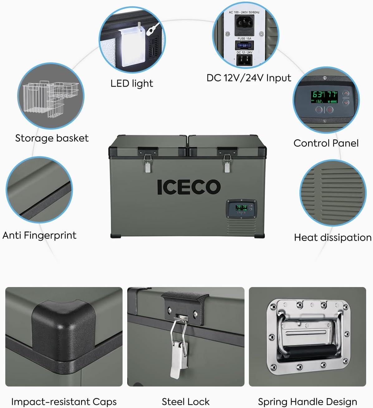 ICECO VL60 Dual Zone 12 Volt Refrigerator with Battery, 60 Liters Portable Fridge Freezer, DC 12/24V, AC 110-240V, 0℉ to 50℉, 12V Electric Cooler for Camping (with Insulated Cover)