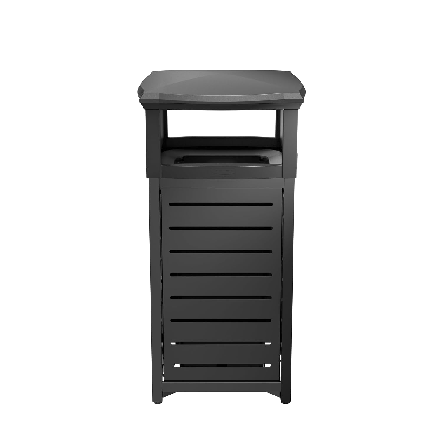 Suncast Commercial Products 30-Gallon Metal Outdoor Trash Can with Two-Way Lid, Adjustable Feet, and Removable Liner, Covered Design, Black, Made in the USA
