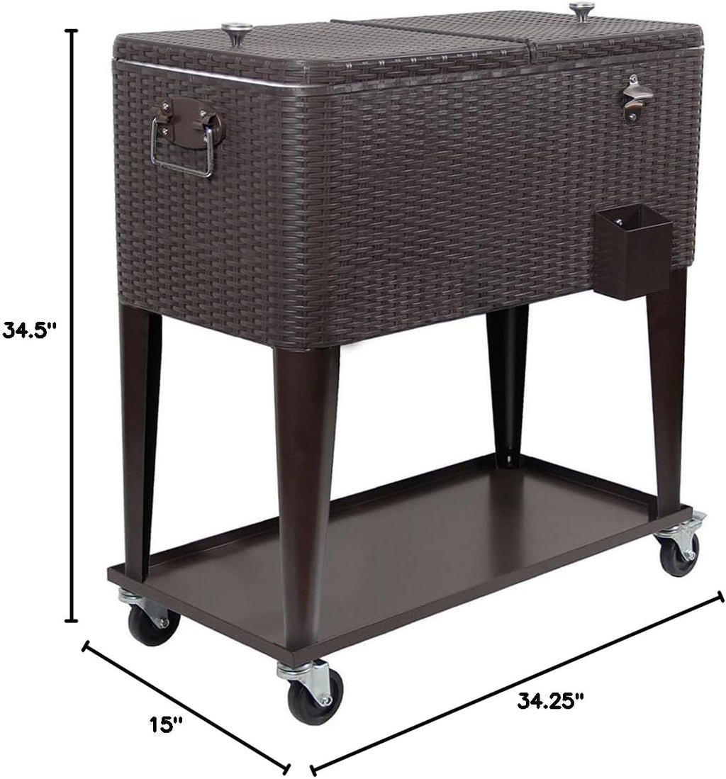 80 Quart Qt Rolling Cooler Ice Chest Cart for Outdoor Patio Deck Party, Dark Brown Wicker Faux Rattan Tub Trolley, Portable Backyard Party Drink Beverage Bar, Wheels with Shelf & Bottle Opener
