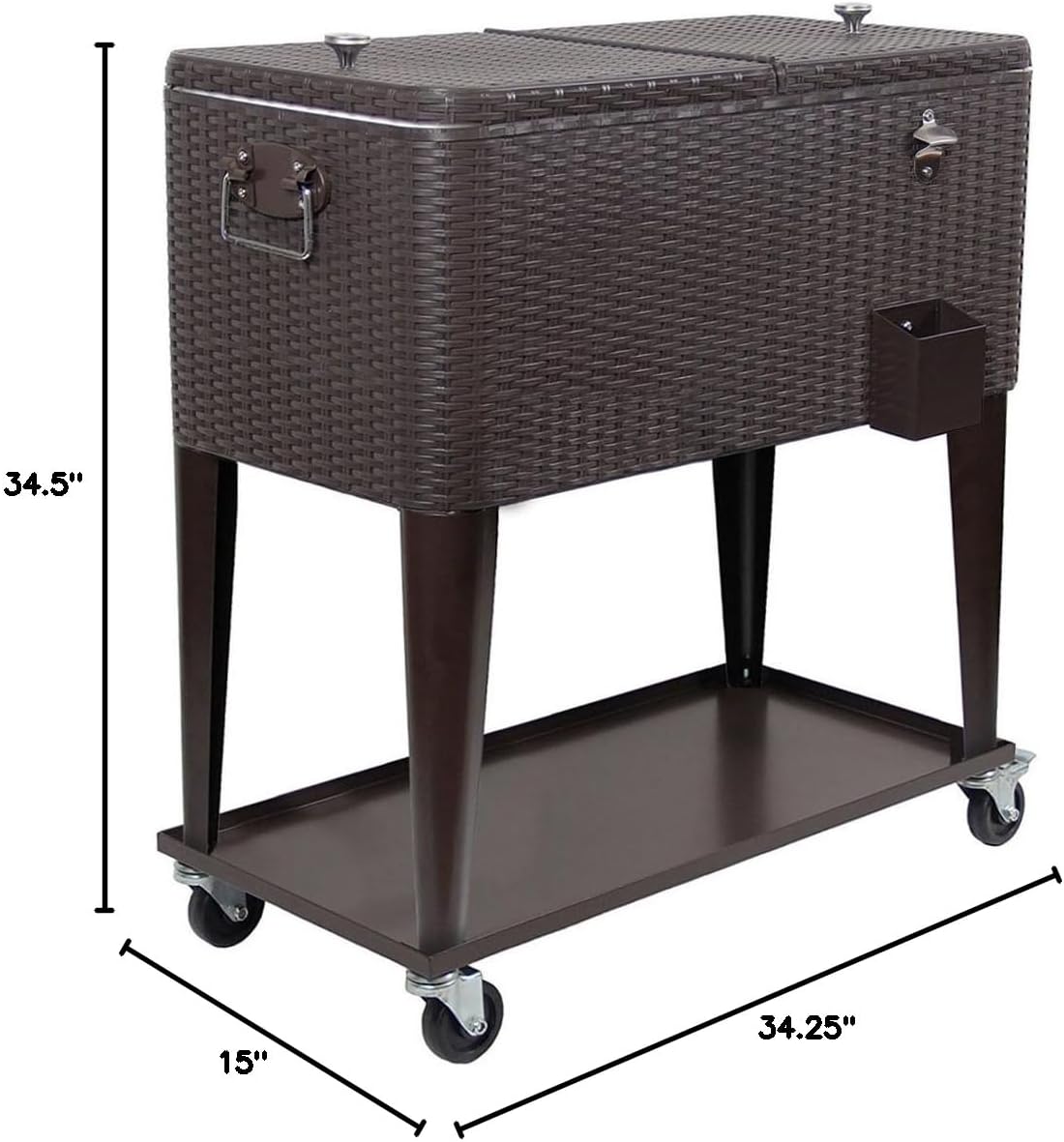 80 Quart Qt Rolling Cooler Ice Chest Cart for Outdoor Patio Deck Party, Dark Brown Wicker Faux Rattan Tub Trolley, Portable Backyard Party Drink Beverage Bar, Wheels with Shelf & Bottle Opener