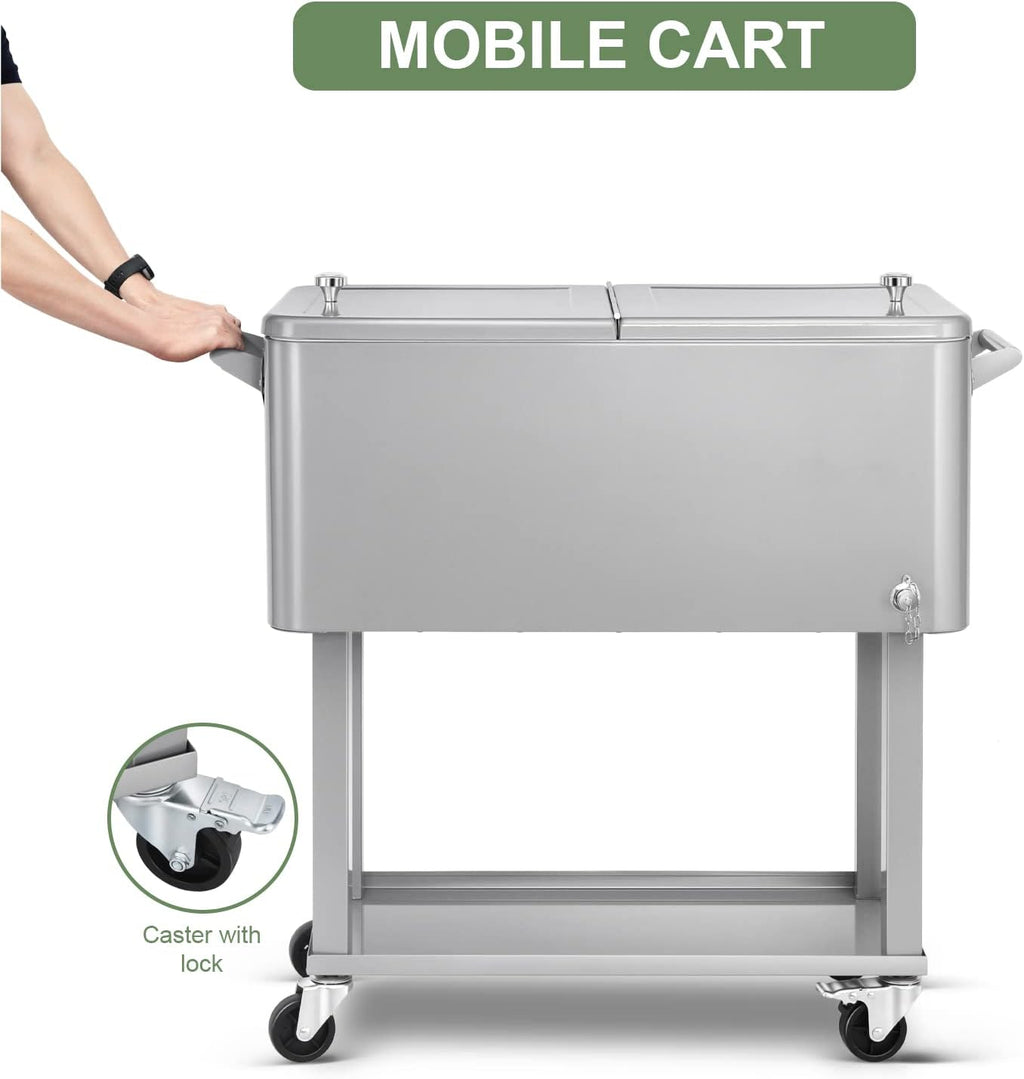 80 Quart Rolling Ice Chest Cooler Cart,Patio Backyard Party Drink Beverage Bar Stand Up Cooler Trolley with Ice Scoop