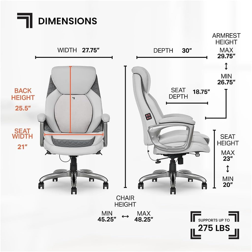 Sharper Image S600 Active Lumbar Ergonomic Bonded Leather Swivel Executive Massage Chair, White/Gray