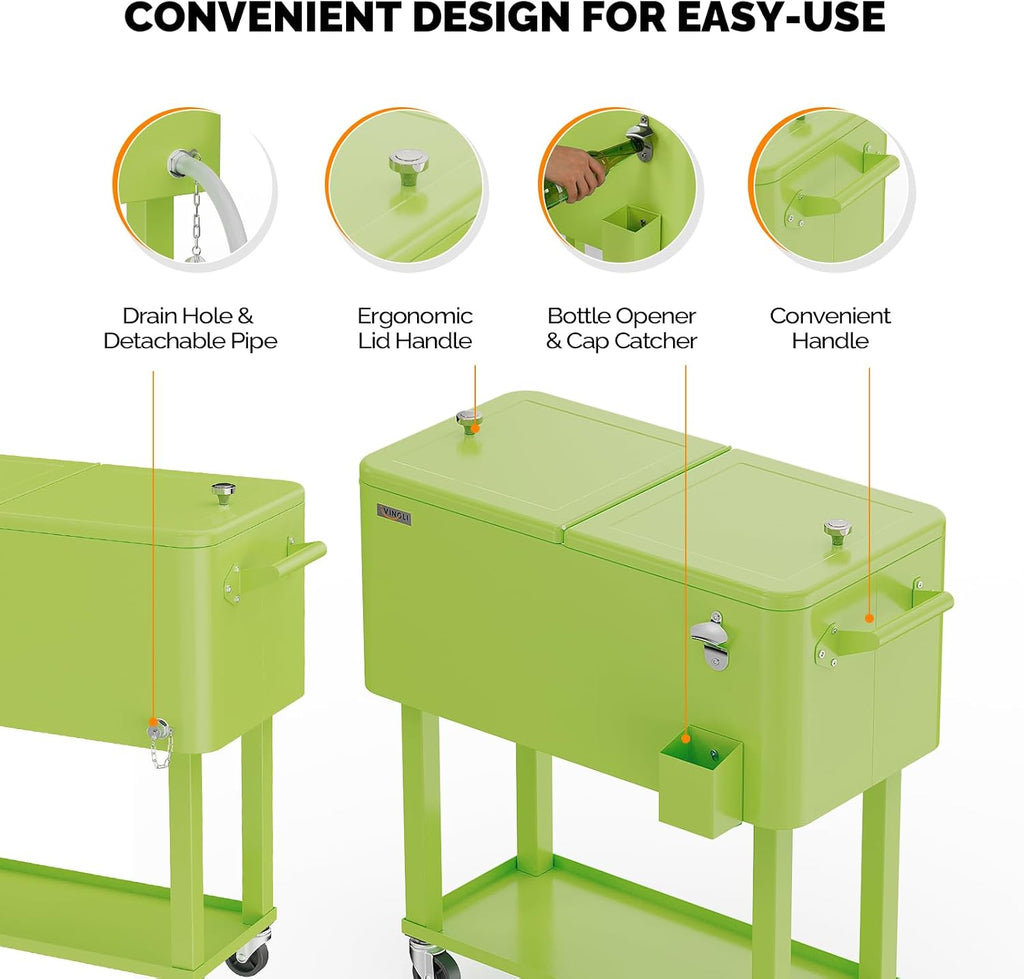 VINGLI 80 Quart Rolling Ice Chest, Portable Patio Party Bar Drink Cooler Cart, with Shelf, Beverage Pool with Bottle Opener Light Green