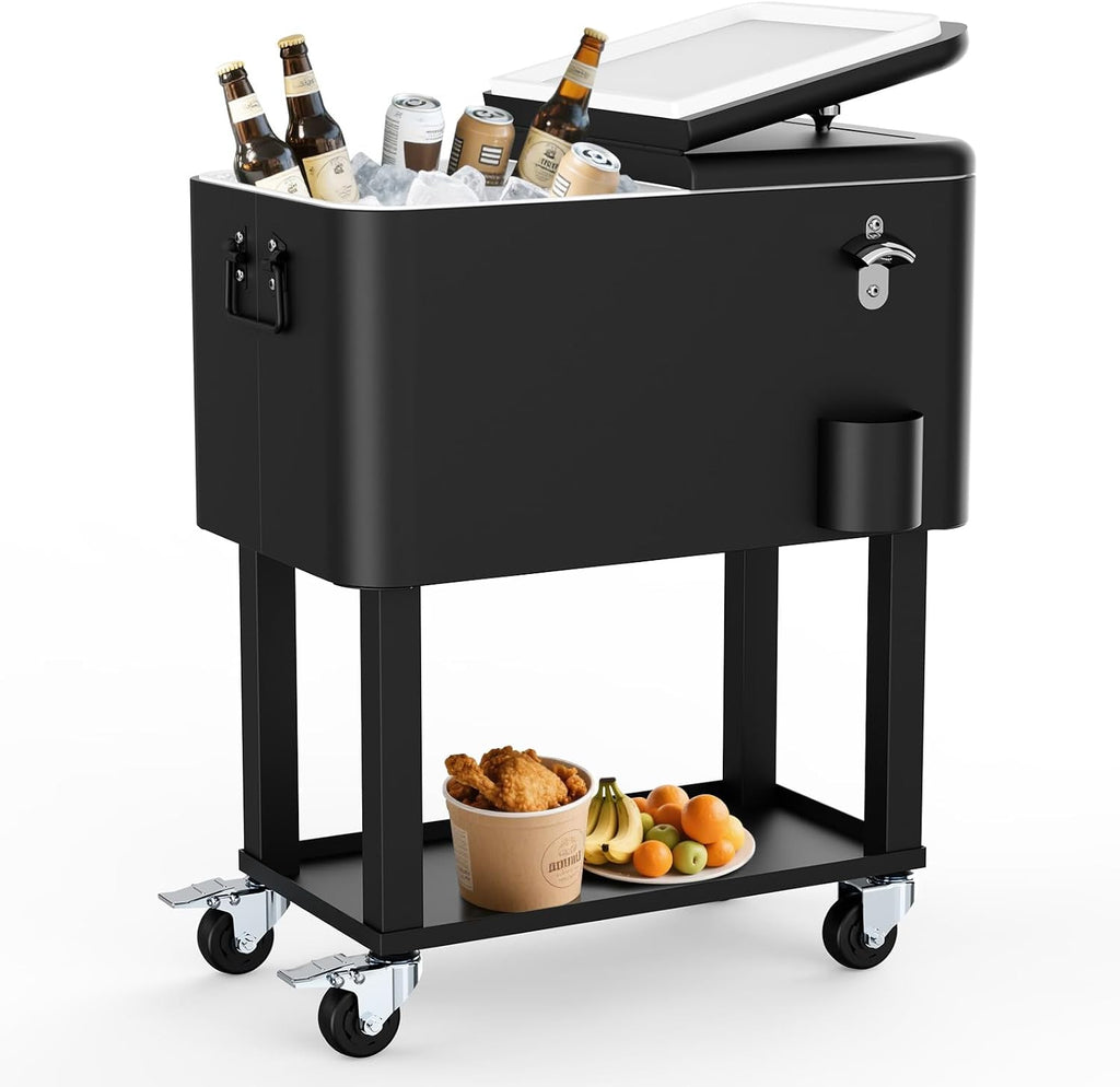 Ice Chest with Wheels, 60 Quart Portable Rolling Cooler with Bottle Opener & Cap Collector & Bottom Storage Tray for Patio Party & BBQ & Beach Activities