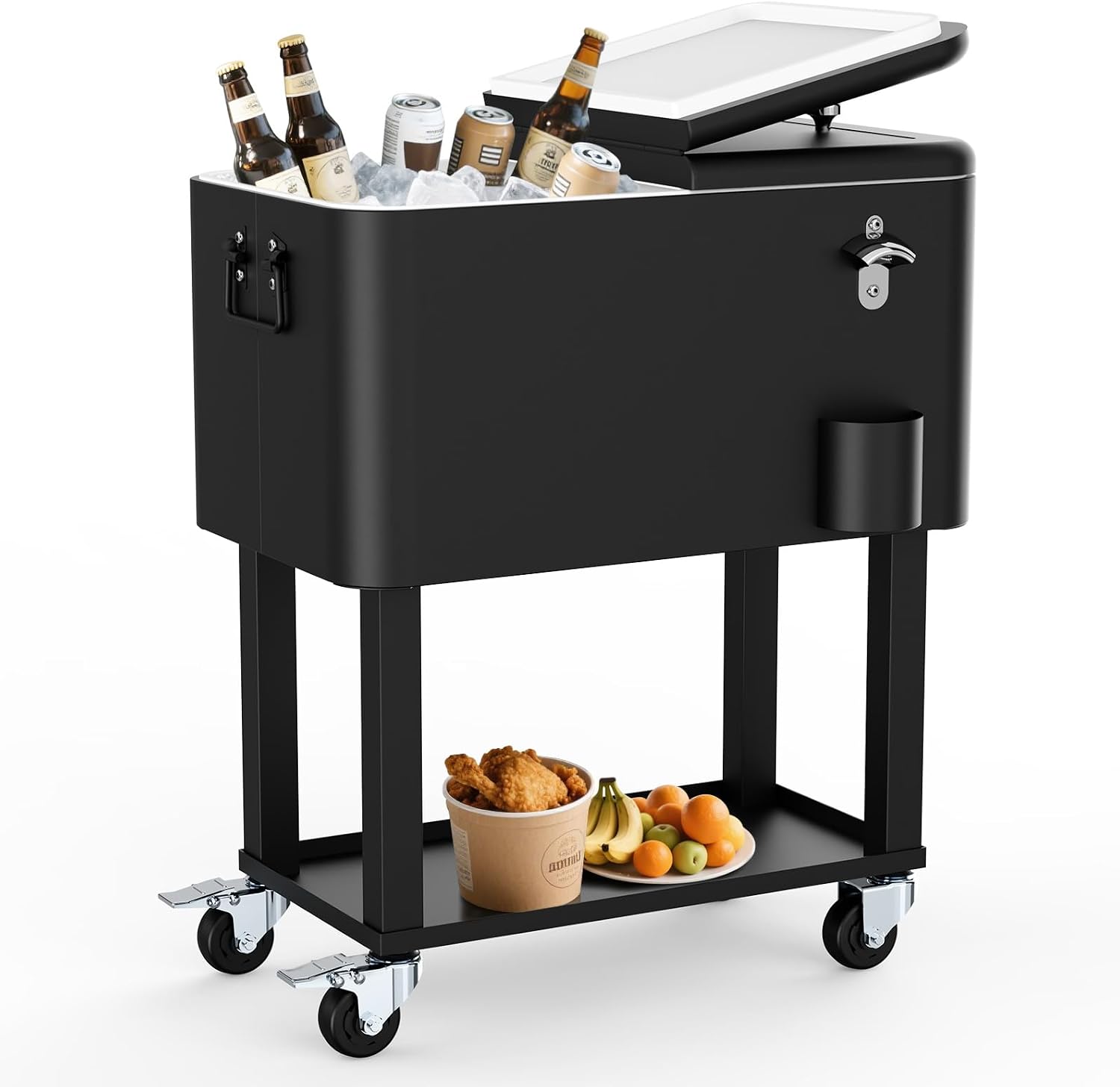 Ice Chest with Wheels, 60 Quart Portable Rolling Cooler with Bottle Opener & Cap Collector & Bottom Storage Tray for Patio Party & BBQ & Beach Activities