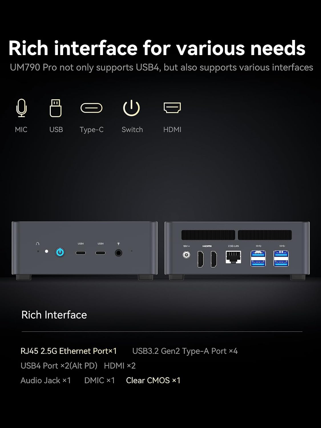 MINISFORUM Venus UM790 Pro Mini PC AMD Ryzen 9 7940HS up to 5.2 GHz 32 GB DDR5 512GB SSD with AMD Radeon 780M, 4X USB3.2, 2X USB4, 2xHDMI 2.1, 2X PCIe4.0, Wi-Fi 6E/BT5.3, RJ45 2.5 G