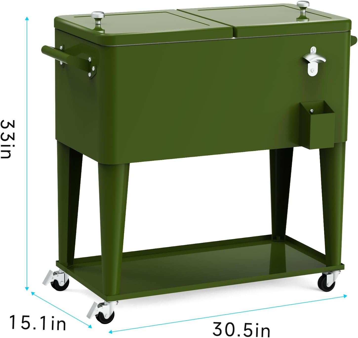 80 Quart Rolling Ice Chest Cart, Portable Outdoor Beverage Cooler with Bottle Opener & Cap Collector & Storage Shelf for Patio Party & BBQ & Beach Activities(Green)