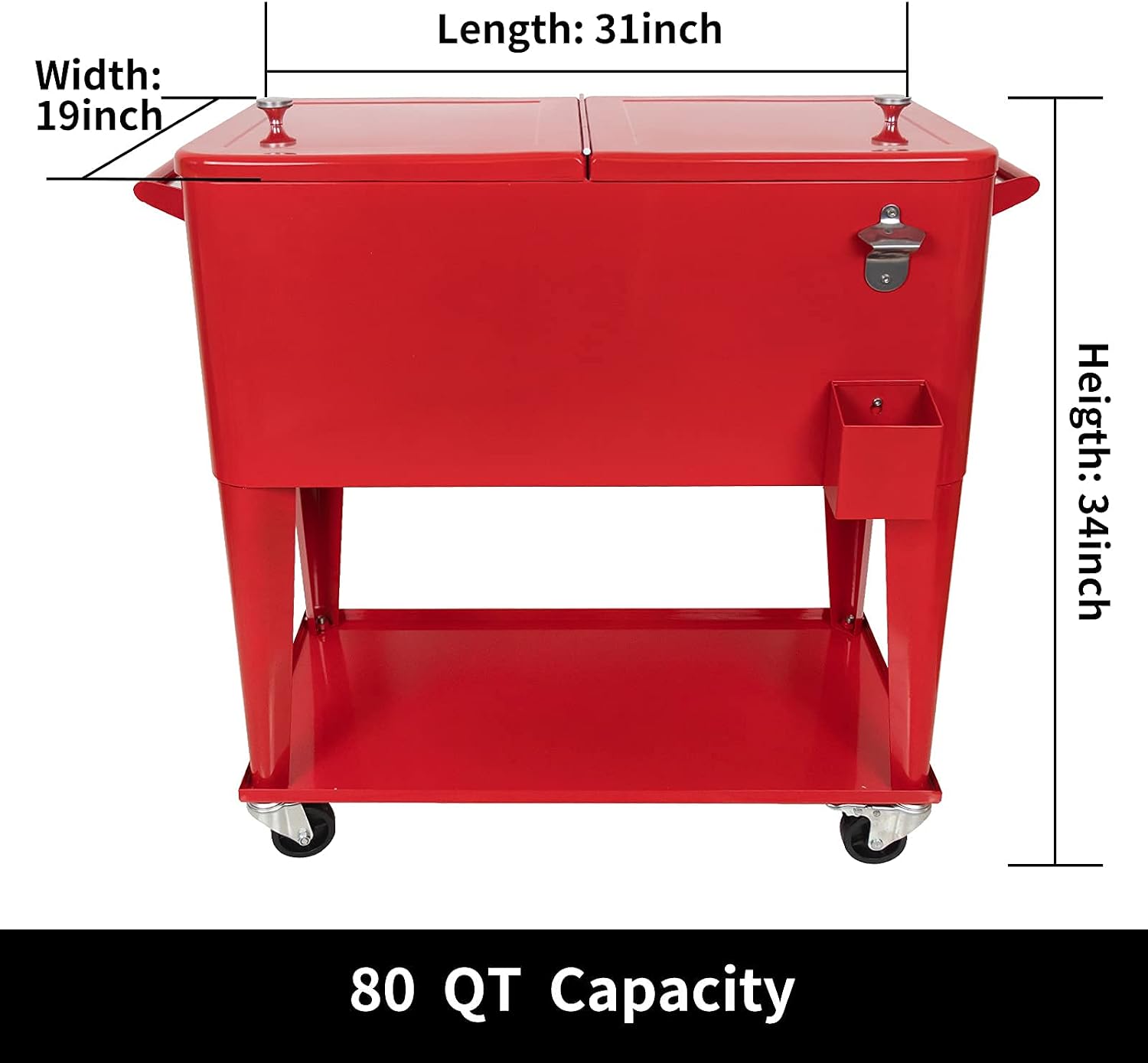 80 Quart Rolling Ice Chest Cooler Cart,for Outdoor Patio Deck Party Portable Party Bar Cold Drink Beverage Cart, Backyard Cooler Trolley on Wheels with Shelf, Bottle Opener
