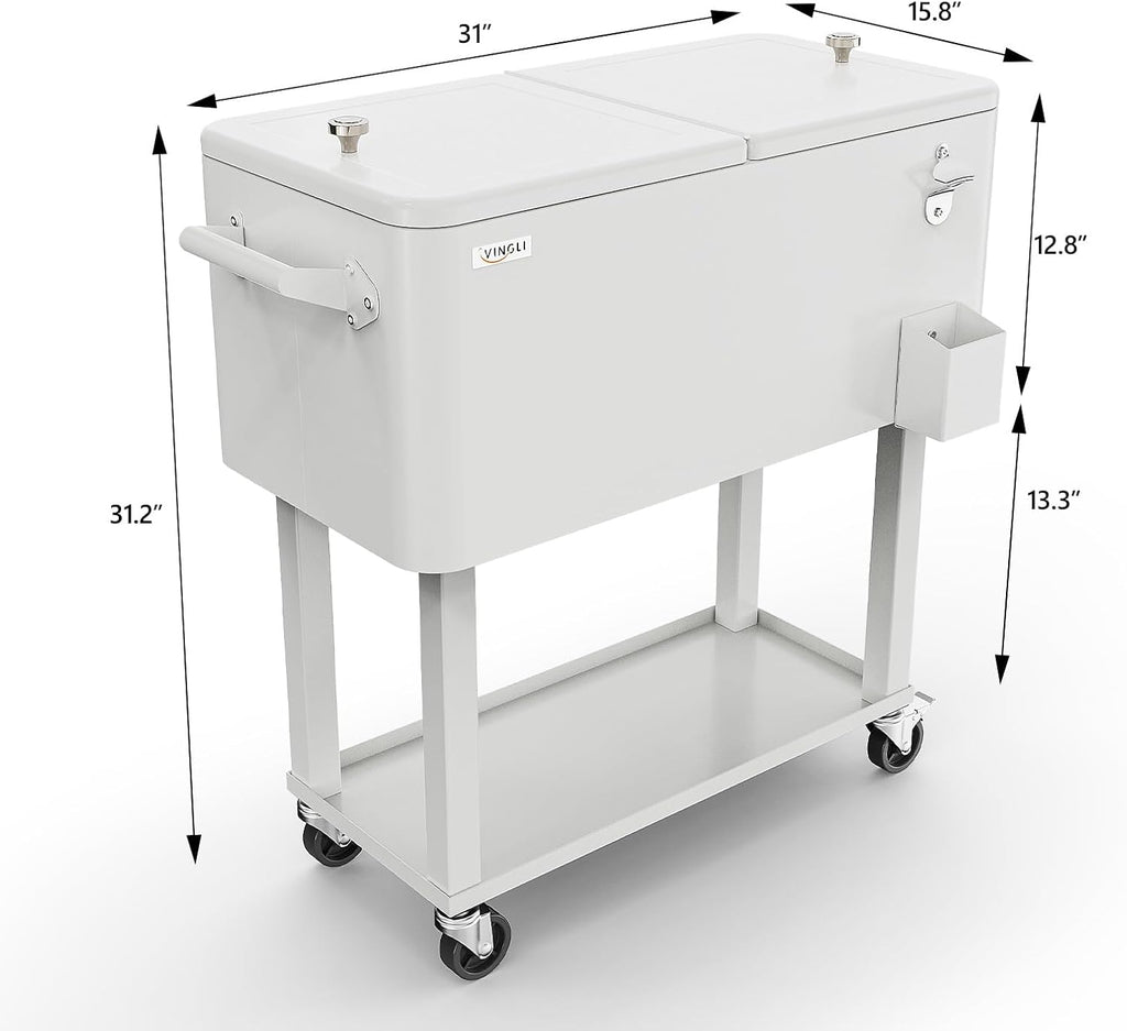 VINGLI Rolling Ice Chest, Portable Patio Party Bar Drink Cooler Cart, with Shelf, Beverage Pool with Bottle Opener