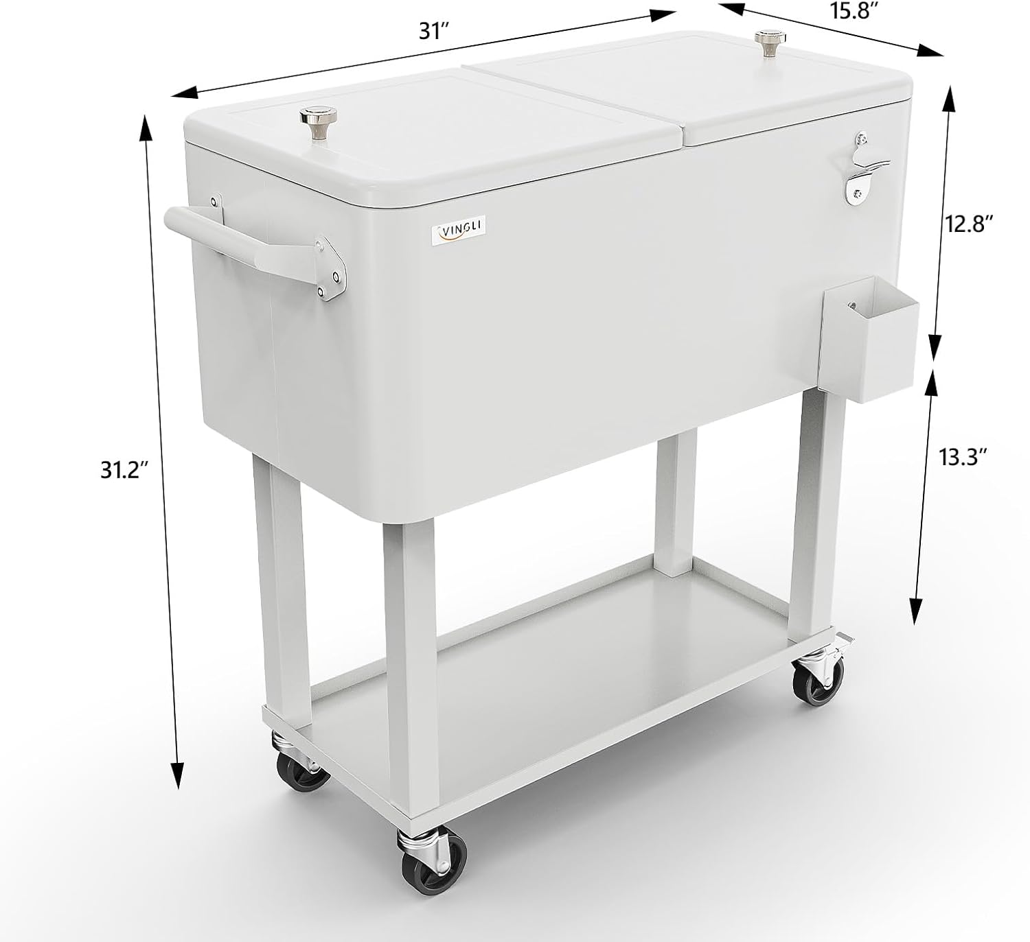 VINGLI Rolling Ice Chest, Portable Patio Party Bar Drink Cooler Cart, with Shelf, Beverage Pool with Bottle Opener