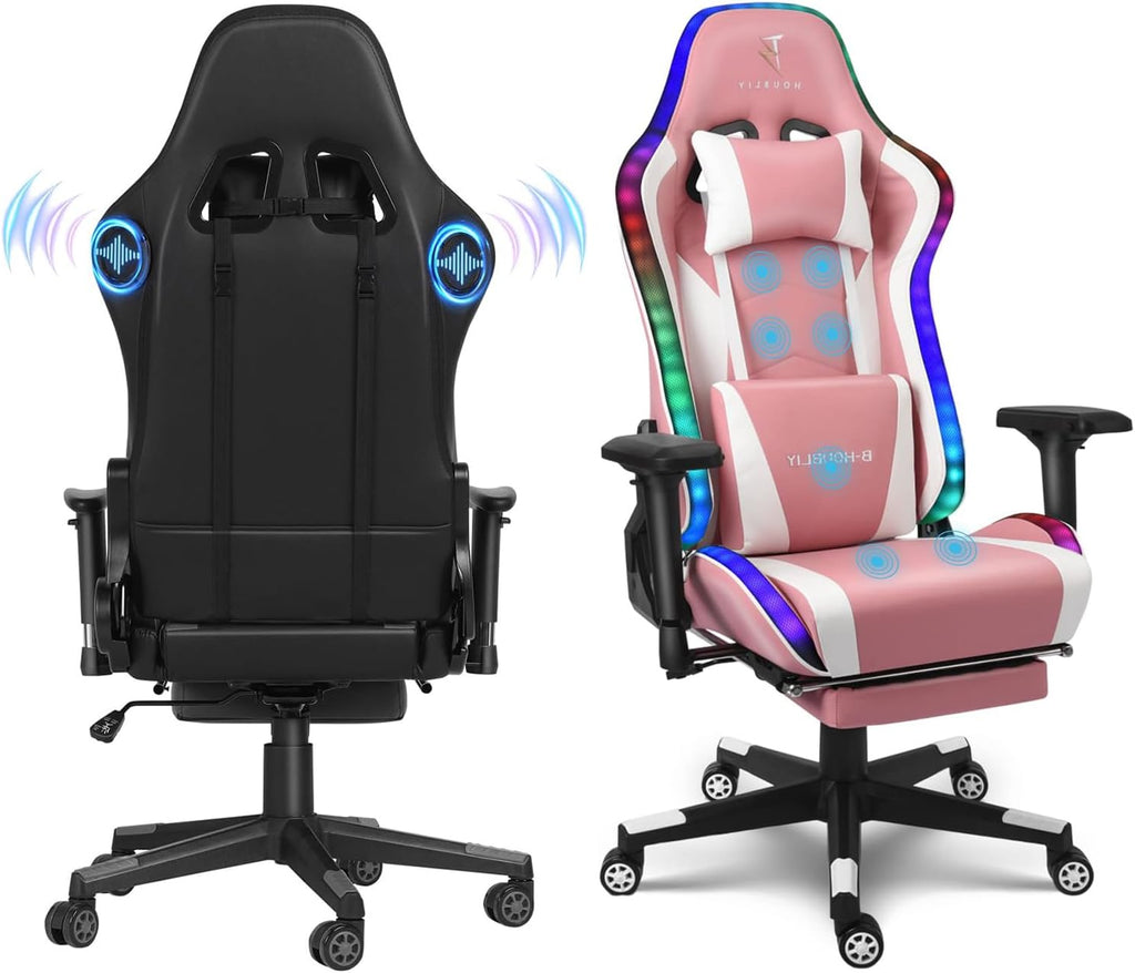 Gaming Chair with RGB LED Lights and Massage, Ergonomic Video Game Chair with Footrest, High Back Reclining Computer Chair with Headrest and Lumbar Support, 4D Handrail,Swivel Seat Gamer Ch