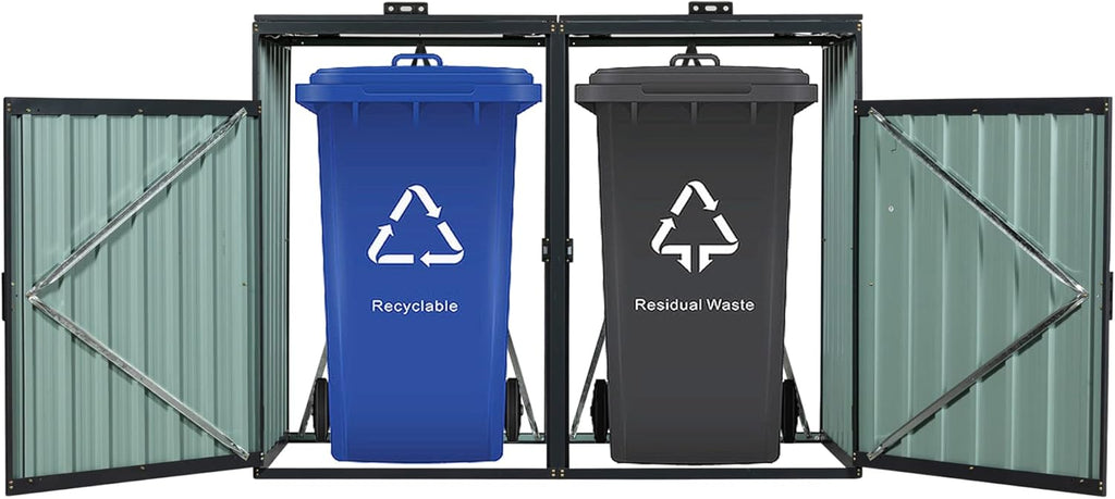 Garbage Bin Shed for 2 Trash Cans, Outdoor Metal Enclosure with Lockable Door & Ventilation, Galvanized Steel Construction, for Yard, Garden, and Lawn Garbage Storage,Easy Assembly (Charcoal, 2 Doors)