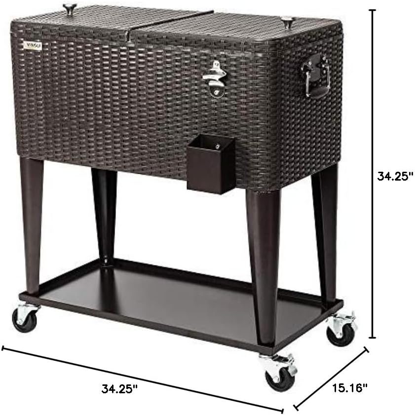 VINGLI 80 Quart Rolling Ice Chest, Portable Patio Party Bar Drink Cooler Cart, with Shelf, Beverage Pool with Bottle Opener (Brown)