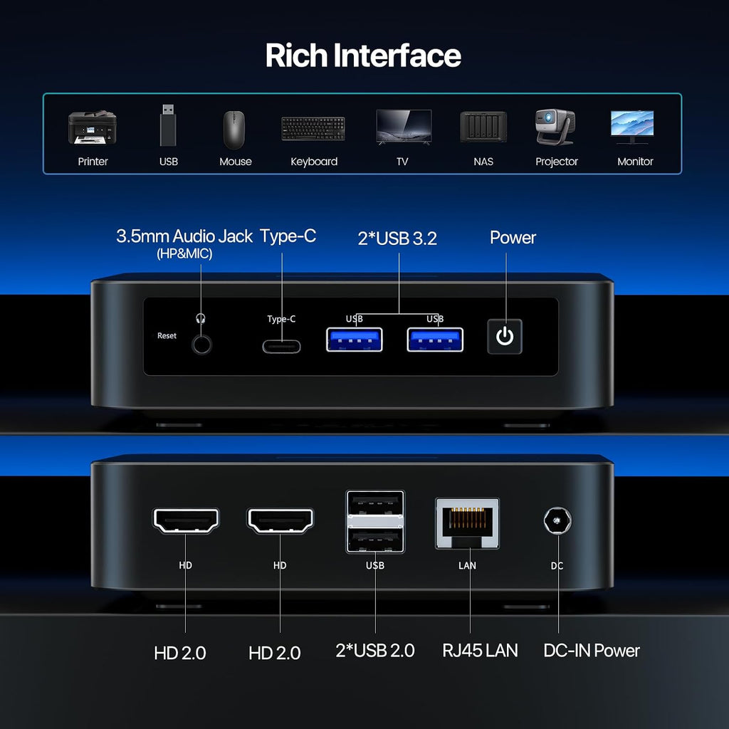 PELADN Mini PC,Twin Lake N150(Upgraded N100),16GB DDR4/512GB SSD,Type-C/Dual HD,Mini Desktop Computer,WiFi5 4K/60Hz Triple-Display USB3.2/BT4.2 Mini Computers for Home Business