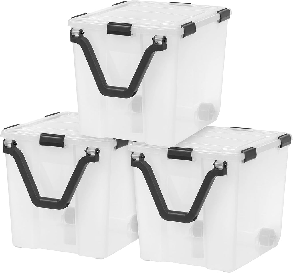 IRIS USA 106 Quart WEATHERPRO Wheeled Plastic Storage Bin Tote Organizing Container with Durable Lid and Seal and Secure Latching Buckles, Clear/Black, 3 Pack