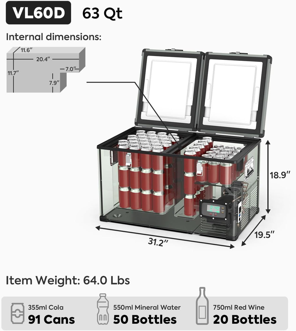 ICECO VL60 Dual Zone 12 Volt Refrigerator with Battery, 60 Liters Portable Fridge Freezer, DC 12/24V, AC 110-240V, 0℉ to 50℉, 12V Electric Cooler for Camping (with Insulated Cover)