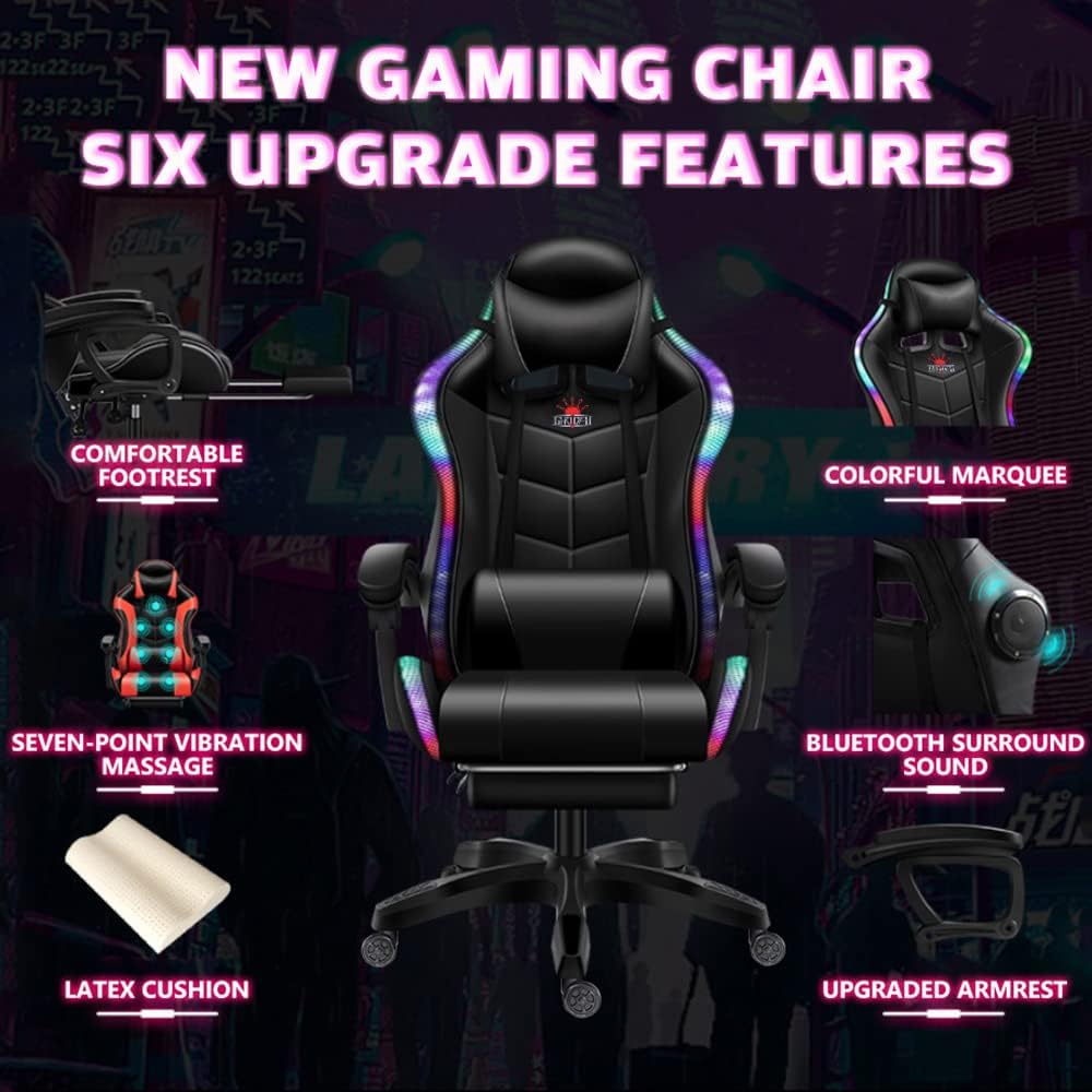 Video Game Chair for Adults Ergonomic Reclining Chair with Retractable Footrest Massage Gaming Chair with Speakers and LED Lights PU Leather High Back Computer Chair,Pink