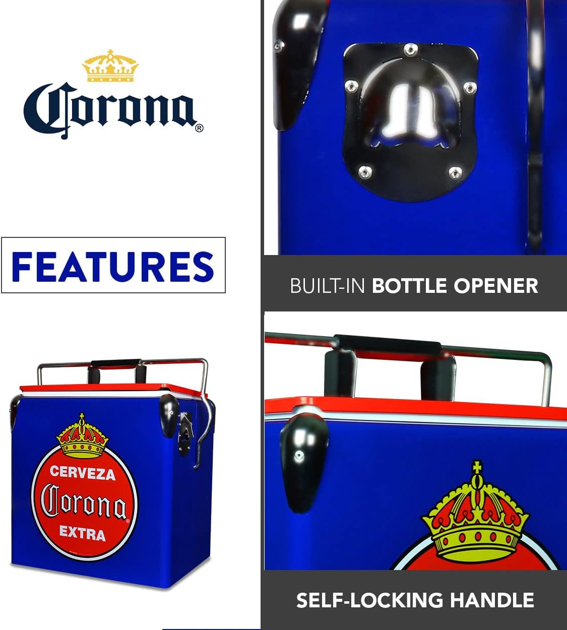 Corona Retro Ice Chest Cooler - Portable Ice Bucket with Bottle Opener, Vintage Style, Insulated for Camping, Beach, Picnic, RV, BBQs, Tailgating, Fishing, 18 Can Ice Box, 13L (14 qt)