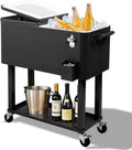 Outvita 80 Quart Rolling Ice Chest, Portable Bar Drink Cooler with Catch Basin, Bottom Storage Tray and Bottle Opener for Patio Party BBQ Beach Activities