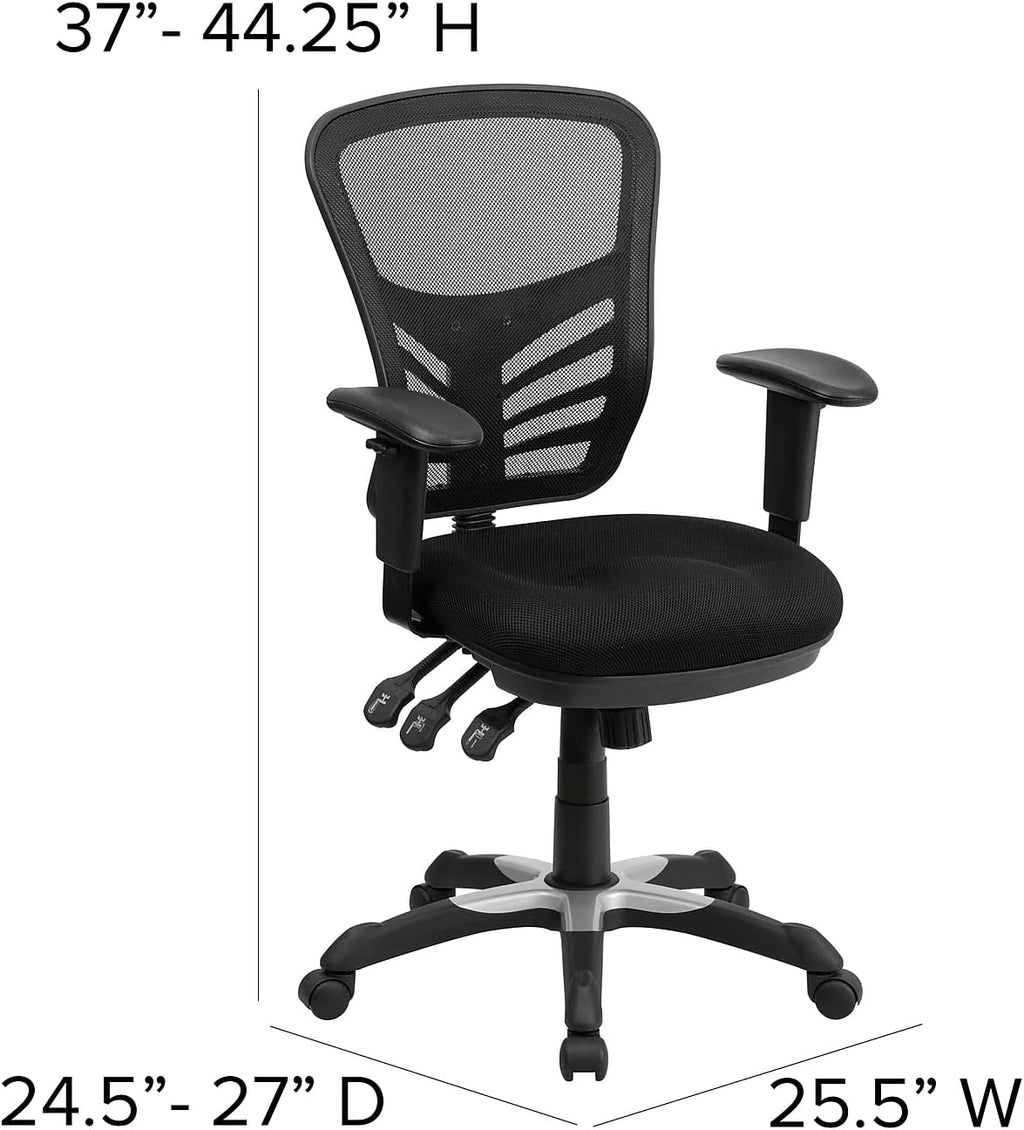 Flash Furniture Nicholas Mid-Back Black Mesh Multifunction Executive Swivel Ergonomic Office Chair with Adjustable Arms, Set of 4