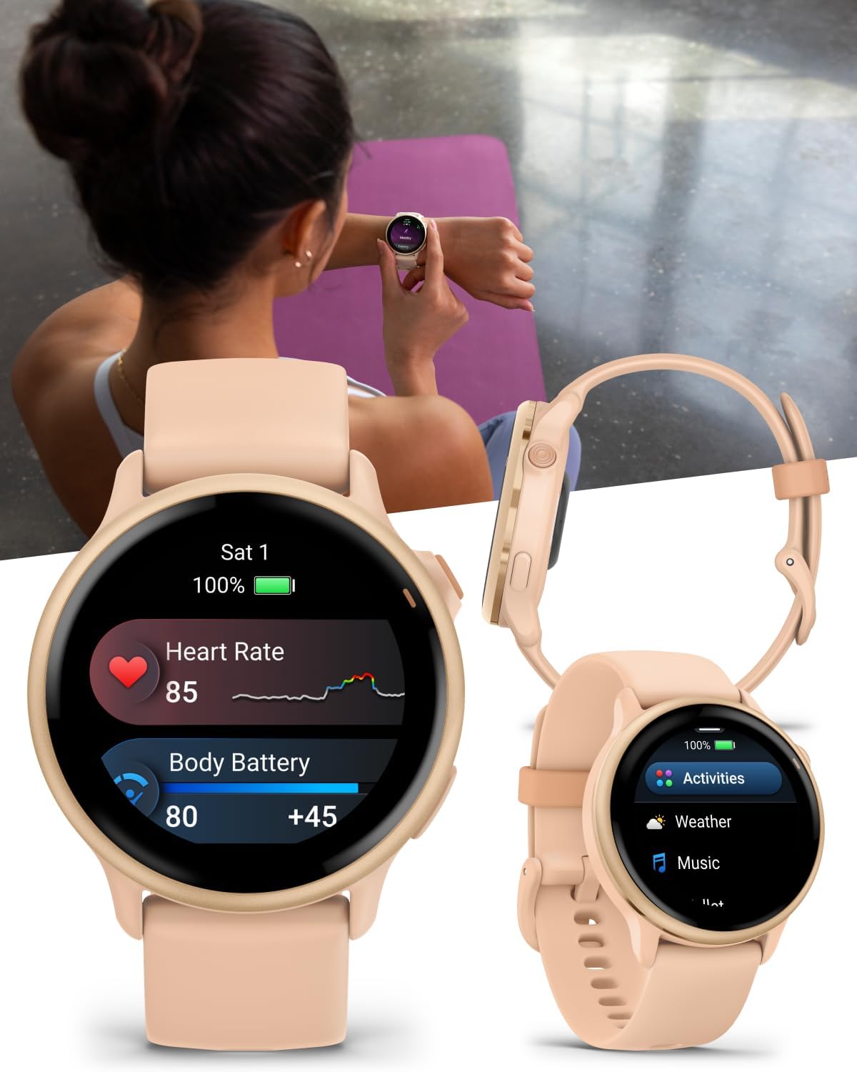 Garmin Vivoactive 6 - Health & Fitness Smartwatch, 1.2 in Bright AMOLED Display, GPS Sports Tracking, Up to 11 Days of Battery, Metallic Pink Dawn & Pink Dawn Band w Black Earbuds Bundle