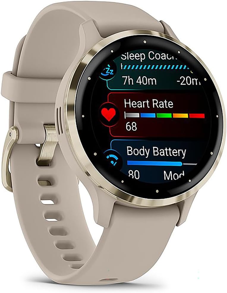 Garmin 010-02785-02 Venu 3S Health Fitness GPS Smartwatch Gold Steel Bezel with French Gray Case 41mm Bundle with Deco Essentials Charging Dock, Dust Cover 3 Pack and 2-Pack Screen Protector
