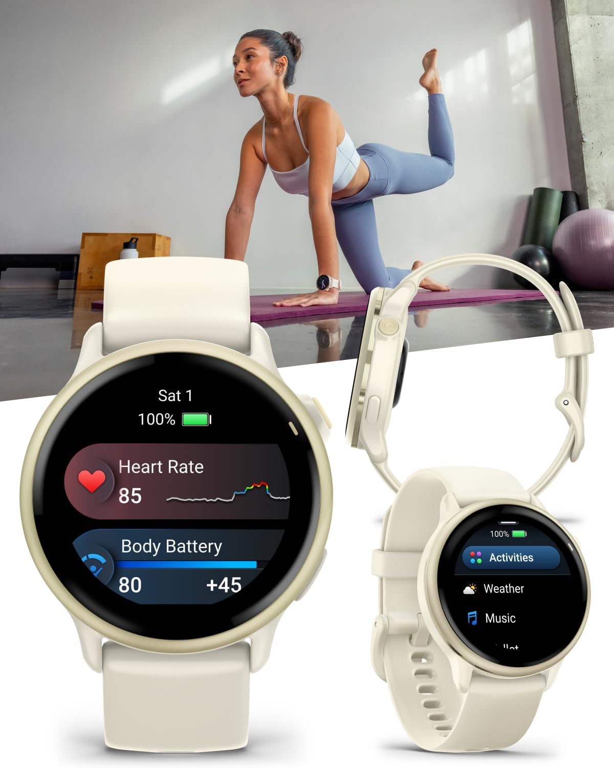 Garmin Vivoactive 6 - Health & Fitness Smartwatch, 1.2 in Bright AMOLED Display, GPS Sports Tracking, Up to 11 Days of Battery, Lunar Gold with Bone Band w Black Earbuds Bundle