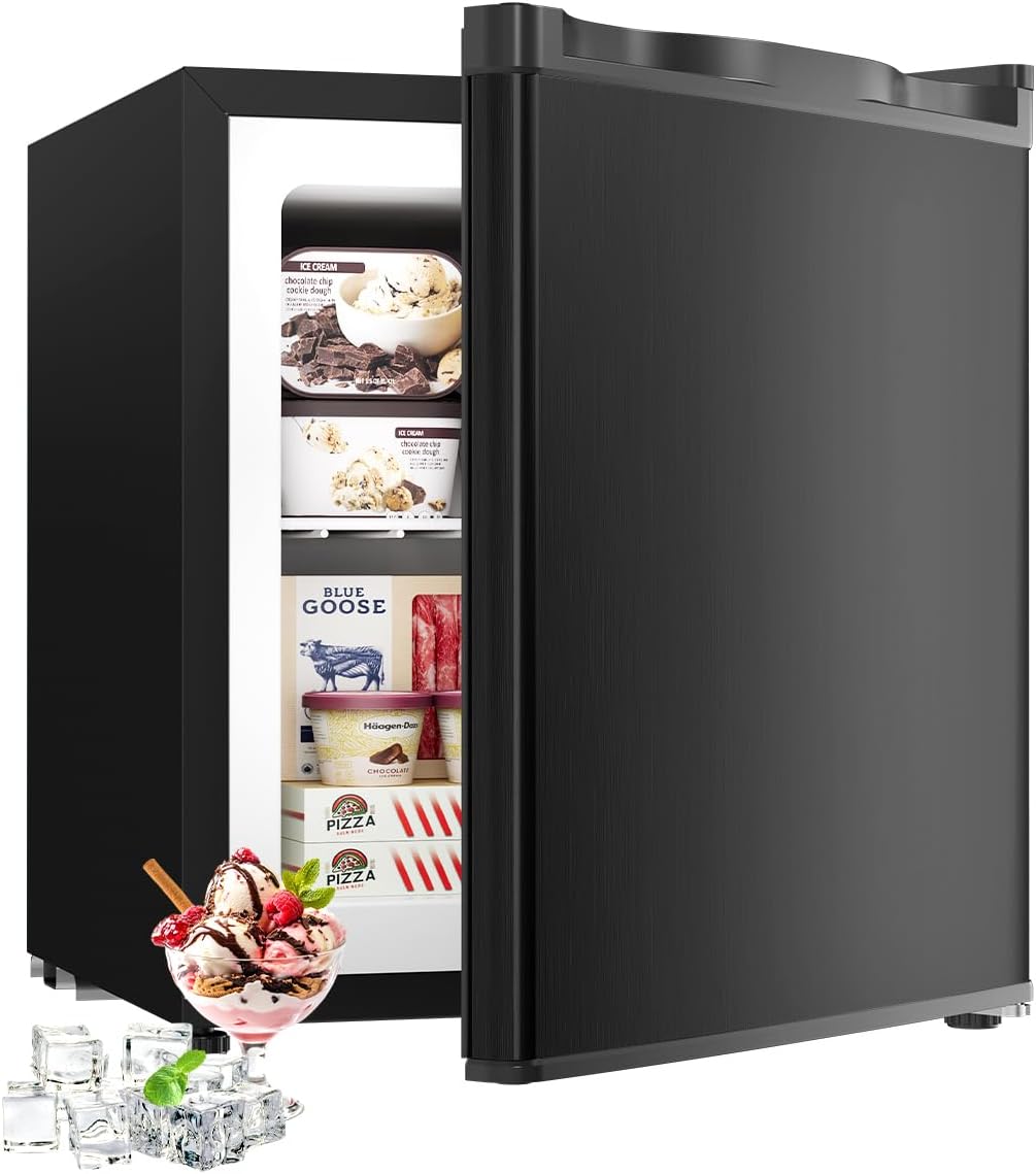 Feelfunn 1.1 Cu.ft Mini Freezer - Compact Upright Freezer with 7 Adjustable Thermostat, Removable Shelf, Reversible Single Door, 360°Uniform Cooling Small freezer for Home Office Apartment Dorm, Black