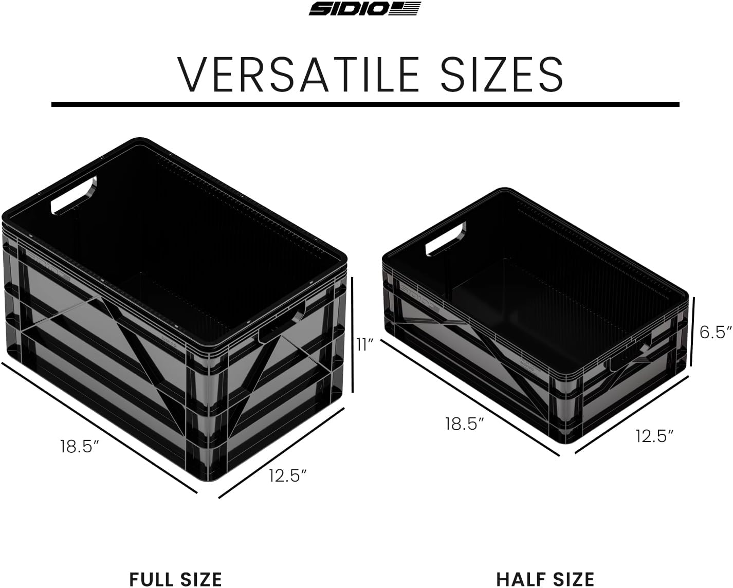 SIDIO Crate Basic Pack - 2 Full-Size & 1 Half-Size Heavy Duty Stackable Storage Bins, Totes and Containers with Dividers - Durable Plastic Organizer for Home, Office, Garage, and Outdoor Use, Black