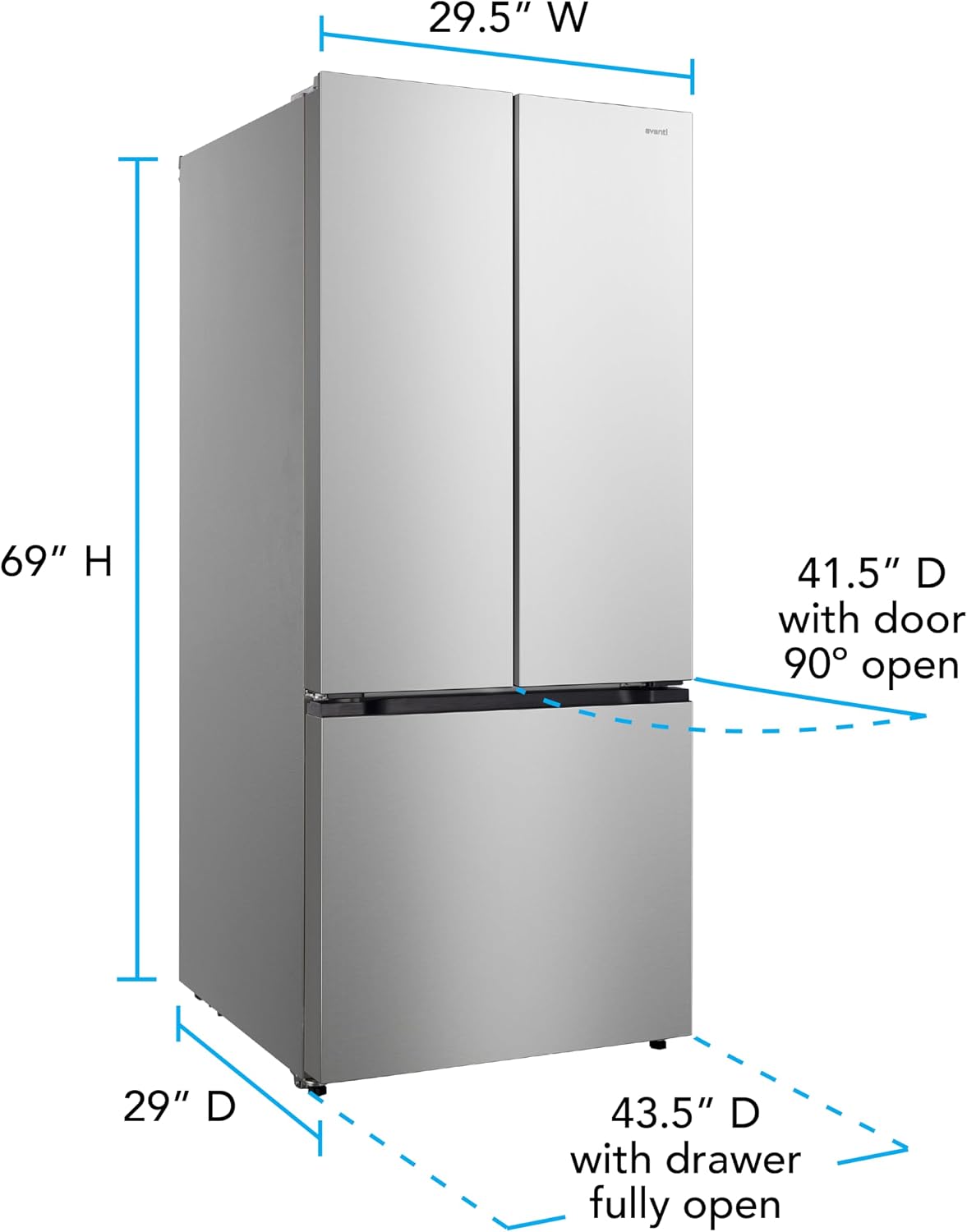 Avanti French Door Refrigerator with Bottom Freezer 30-Inch Wideâ€‹, Frost Free Technology, Large Capacity with Adjustable Shelves, Door Bins & Crisper Drawers, 17.5 Cu.Ft., Stainless Steel