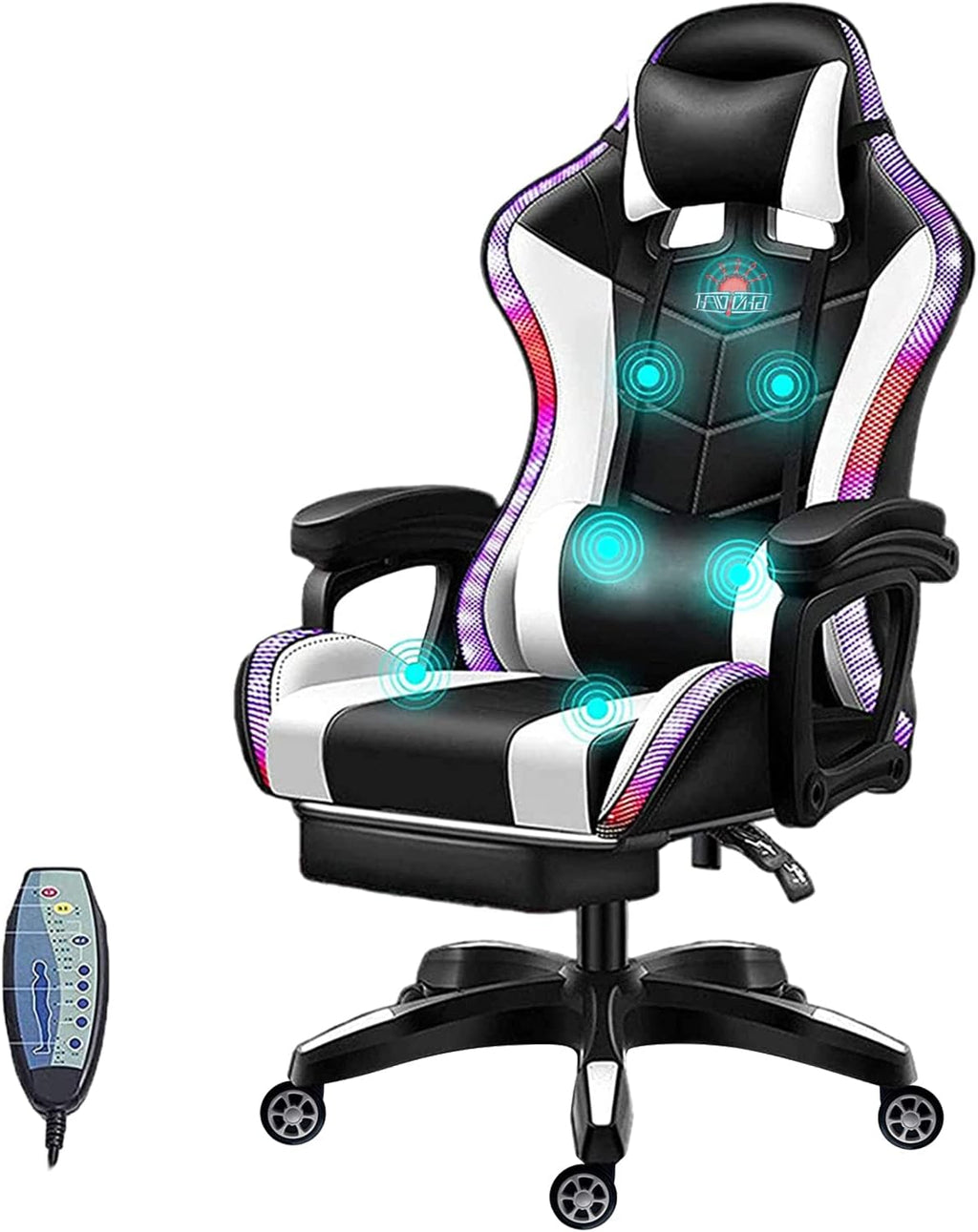 Gaming Chair with Speakers, LED Video Game Chair with Footrest, Ergonomic Game Chair with Full Massage Lumbar Support, Backrest Adjustable Reclining Gamer Chairs for Adults,White