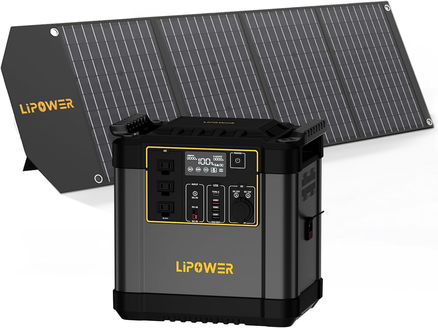 Lipower 2150Wh Power Station with 100W Solar Panel, Solar Generator 2400W/4000W Peak Pure Sine Wave LiFePO4 Battery, IP68 Waterproof ETFE Portable Solar Panel for Home Emergency Backup Camping