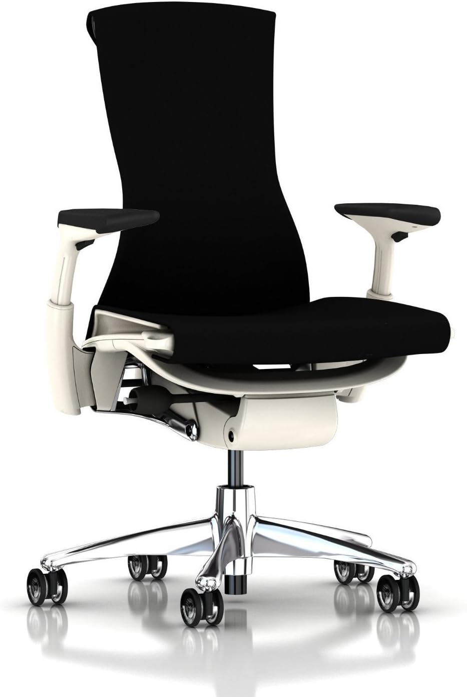 Herman Miller Embody Chair Home Office Desk Task Chair with Adjustable Arms Polished Aluminum Chrome Base White Frame and Rhythm Black Fabric Plus H9 Clear Translucent Hard Floor Caster Wheels