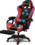 RGB Computer Chair with Footrest Massage Gaming Chair with Speakers Music Video Game Chair with Lumbar Pillow Support and Headrest High Back Gamer Chair Office Chair for Office or Gaming,Red