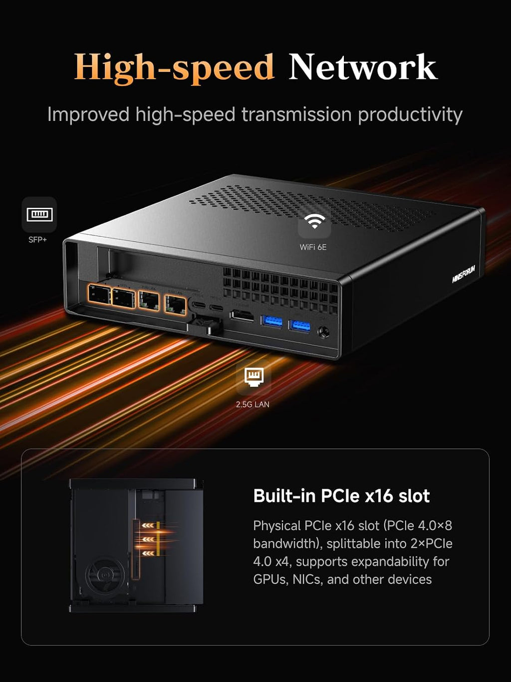 MINISFORUM AMD Ryzen 9 9955HX Barebone with MS-A2 Mini PC (16C/32T, up to 5.4GHz),PCIe×16, HDMI/2x USB-C (8K@60Hz), 2X SFP+ 10G, 2X 2.5G LAN, 3X SSD M.2 (2280/22110/U.2),NO RAM/SSD/OS