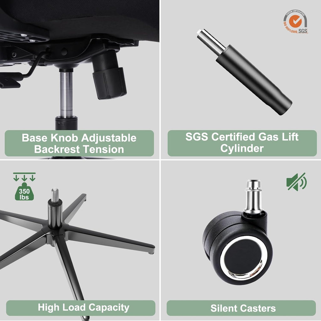 Ergonomic Office Chair - 350LB Mesh Office Chair with Adjustable Lumbar, High Back Computer Desk Chair with 3D Armrests, Comfy Chair with 2D Headrest & Tilt Function for Study, Work, Gaming