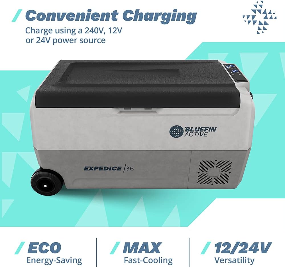 Bluefin Active Expedice 36L | Portable Travel Fridge | Advanced Cooling & Freezing Technology | Energy Efficient Charging | Dual Storage Compartments | Smartphone App Control | LCD Display | AC & DC
