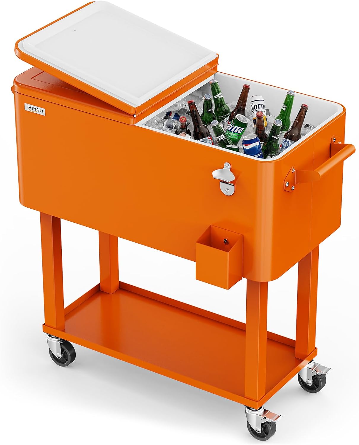 VINGLI Rolling Ice Chest, Portable Patio Party Bar Drink Cooler Cart, with Shelf, Beverage Pool with Bottle Opener